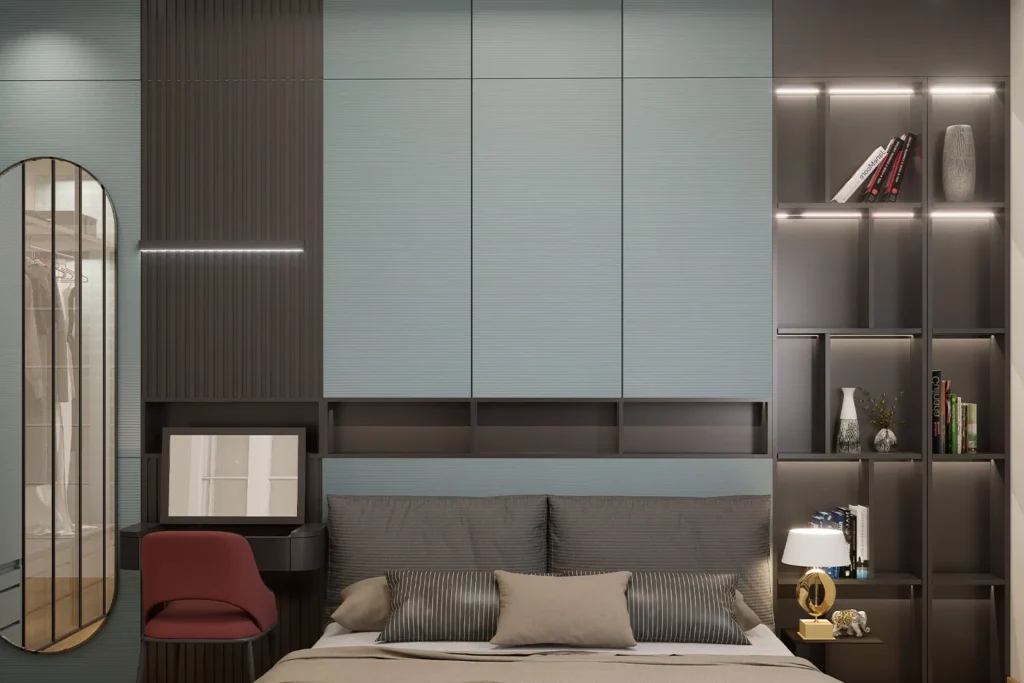 Modern bedroom with laminate finishes on wardrobes and furniture, showing how laminates re-create bedroom style.