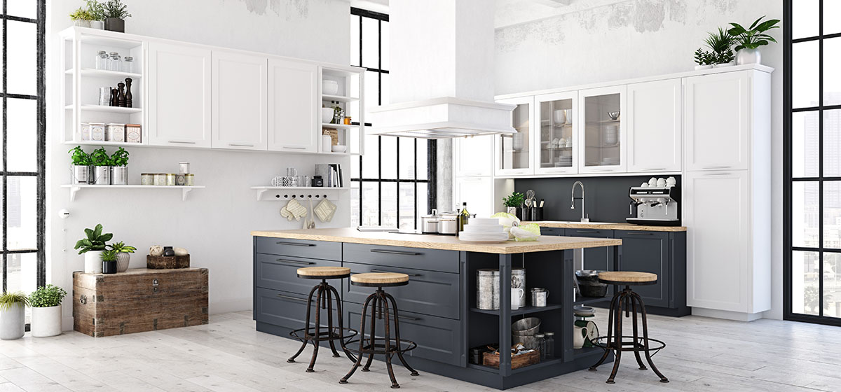 Modern kitchen with Mikasa Ply cabinetry and light timber shelves.